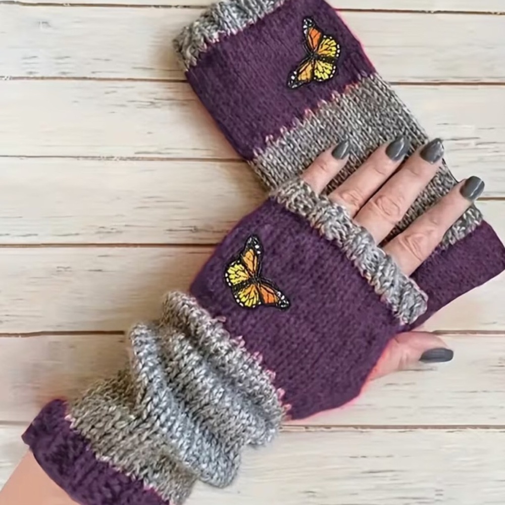 Long Fingerless Knitted Gloves Butterfly Purple OS